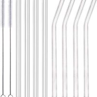 ALINK Glass Smoothie Straws, 10" x 10 mm hosszú újrafelhasználható átlátszó ivószálak Smoothie-hoz, turmixokhoz, 8 darabos csomag 2 tisztítókefével,